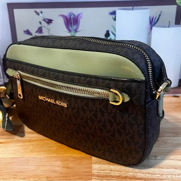 Michael Kors Jet Set Brown & Sage Green Signature Crossbody Bag - Picture 2 of 15